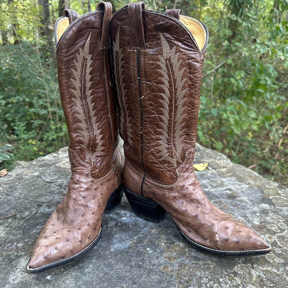 Handmade ostrich skin brown leather cowboy boots